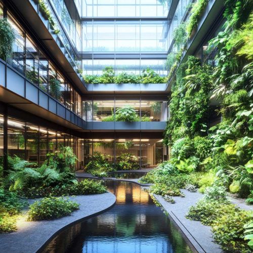 Begr&uuml;nter Lichthof mit Wasserelement